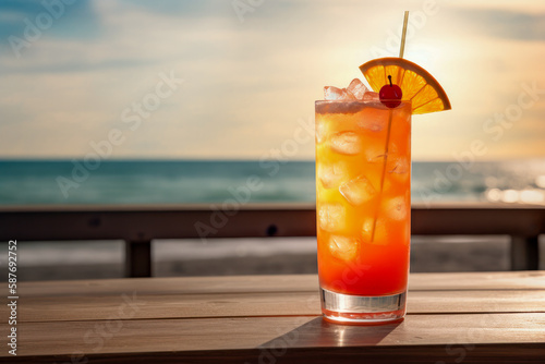 Foto Sex on the Beach cocktail in highball glass with ice, layered vodka, peach schnapps, orange juice, cranberry juice, garnished with orange slice, wooden table, beach background