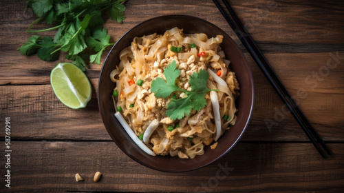 A Bowl with  Pad Thai in a Rustic Setting