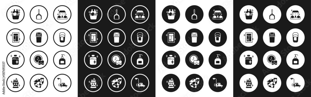 Set Home cleaning service, Trash can, Cleaning for window, Basin with soap suds, Bucket rag, Dustpan, Bottle of liquid and cooking pot icon. Vector Set Home cleaning service, Trash can, Cleaning for window, Basin with soap suds, Bucket rag, Dustpan, Bottle of liquid and cooking pot icon. Vector
