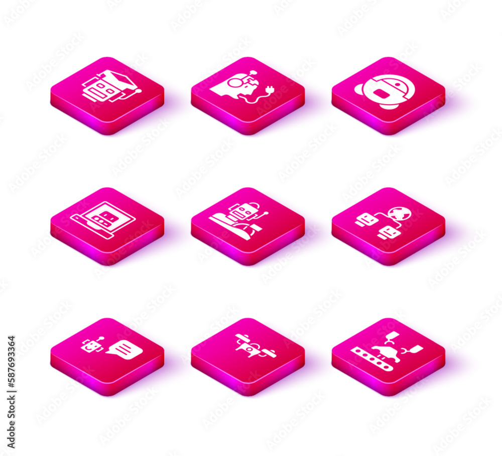 Set Bot, Drone, Creating robot, Robot humanoid driving car, Robotic arm factory, Artificial intelligence, vacuum cleaner and charging battery icon. Vector Set Bot, Drone, Creating robot, Robot humanoid driving car, Robotic arm factory, Artificial intelligence, vacuum cleaner and charging battery icon. Vector