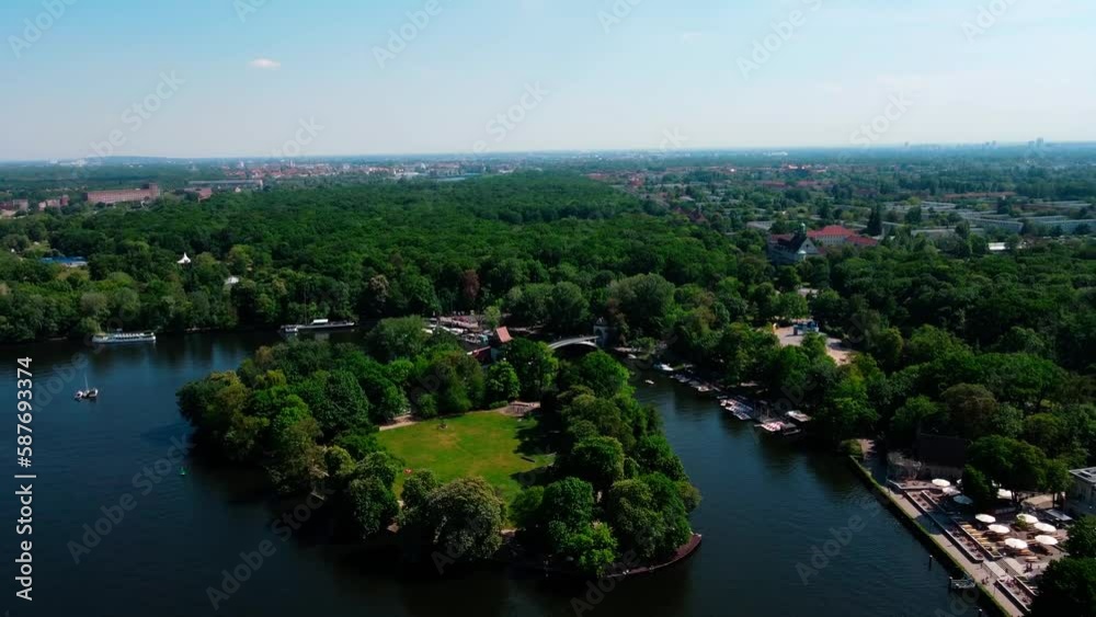 Aerial drone view of Spree River and Insel der Jugend near Treptower Park Berlin Aerial drone view of Spree River and Insel der Jugend near Treptower Park Berlin