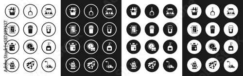 Set Home cleaning service, Trash can, Cleaning for window, Basin with soap suds, Bucket rag, Dustpan, Bottle of liquid and cooking pot icon. Vector