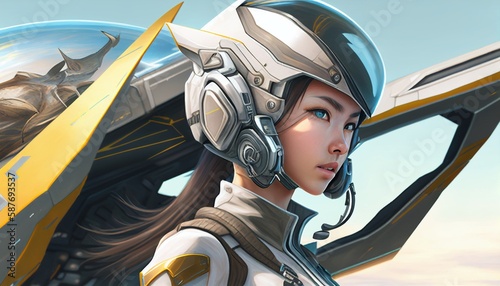 Wearing a pilot's helmet, detailed eyes, a slim figure, smile,Warframe,Big Close-Up(BCU),The future of science and technology, the beautiful girl, fighter pilots, standing in front of the plane