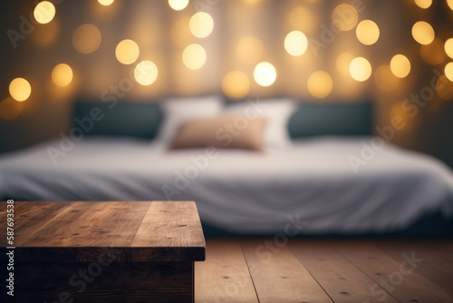 Table-top view of beside table or nightstand on blurred cozy night ambiance bedroom with glistening bokeh background. Empty wooden table for product display and customization. Flawless Generative AI