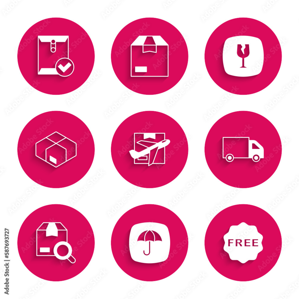 Set Plane and cardboard box, Delivery package with umbrella, rice tag Free, cargo truck, Search, Carton, Fragile broken glass and Envelope check mark icon. Vector Set Plane and cardboard box, Delivery package with umbrella, rice tag Free, cargo truck, Search, Carton, Fragile broken glass and Envelope check mark icon. Vector
