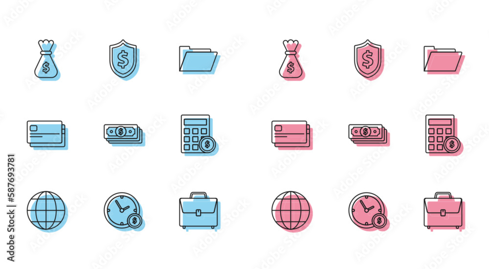 Set line Earth globe, Time is money, Money bag, Briefcase, Stacks paper cash, Calculator with dollar symbol, Credit card and Shield icon. Vector Set line Earth globe, Time is money, Money bag, Briefcase, Stacks paper cash, Calculator with dollar symbol, Credit card and Shield icon. Vector