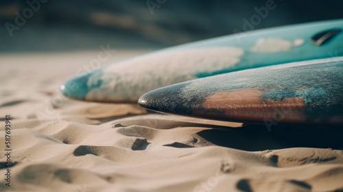 Close up of surfboards lying on beach, Generative AI