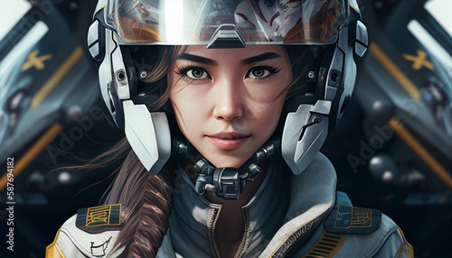 Wearing a pilot's helmet, detailed eyes, a slim figure, smile,Warframe,Big Close-Up(BCU),The future of science and technology, the beautiful girl, fighter pilots, standing in front of the plane © Thore