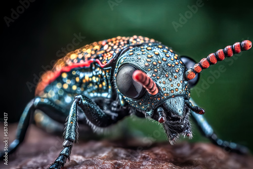 A close-up macro photograph of an insect reveals its vivid colors and intricate patterns - generative ai. © Exuberation 