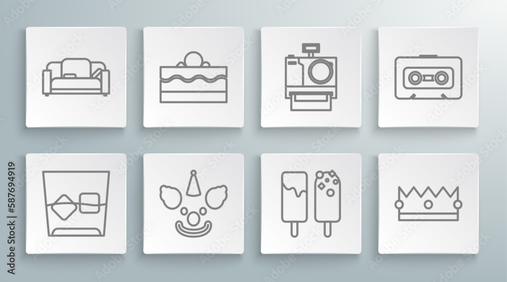 Set line Glass of whiskey and ice cubes, Cake, Clown head, Ice cream, Crown, Photo camera, Retro audio cassette tape and Sofa icon. Vector Set line Glass of whiskey and ice cubes, Cake, Clown head, Ice cream, Crown, Photo camera, Retro audio cassette tape and Sofa icon. Vector