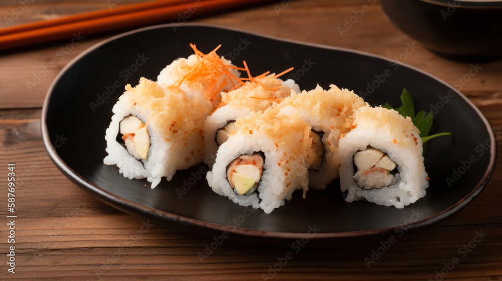 A Plate with Shrimp Tempura Rolls in a Rustic Setting A Plate with Shrimp Tempura Rolls in a Rustic Setting