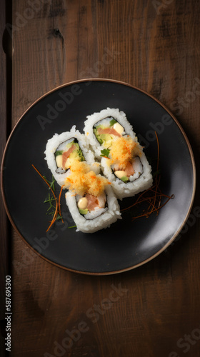 A Plate with Shrimp Tempura Rolls in a Rustic Setting