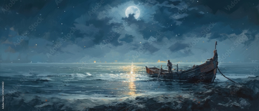 Simple life of fisherman at sea adrift in their boat near the shore at midnight, calm waves, quiet stillness, beautiful bright moonlight reflection on the ocean - generative ai