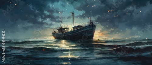 Simple life of fisherman at sea adrift in their boat near the shore at midnight, calm waves, quiet stillness, beautiful bright moonlight reflection on the ocean - generative ai