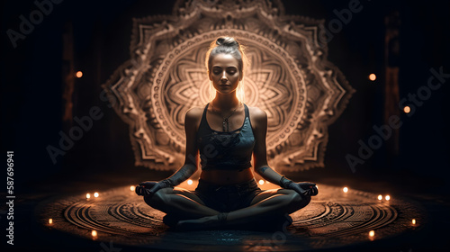 A woman meditates in the lotus position. Mandala background.