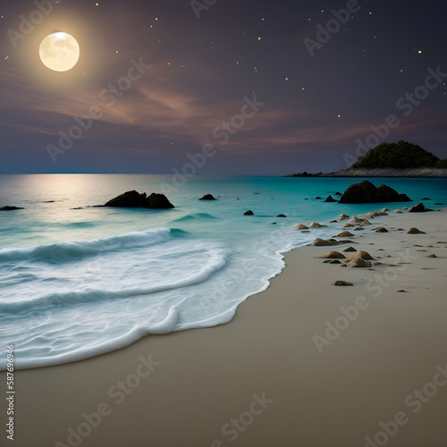 full moon on the beach - Beach landscape - Calm beach background for design - landscape for design - Generative AI