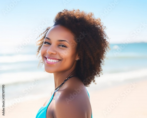 Portrait of smiling woman at the beach. Generative AI