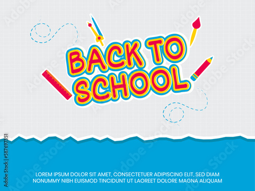 Back to School handwritten typography with doodle drawing on white and blue background. Vector Illustration.