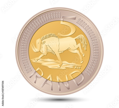 South African five rand coin, golden with silver isolated on white background. Vector illustration.