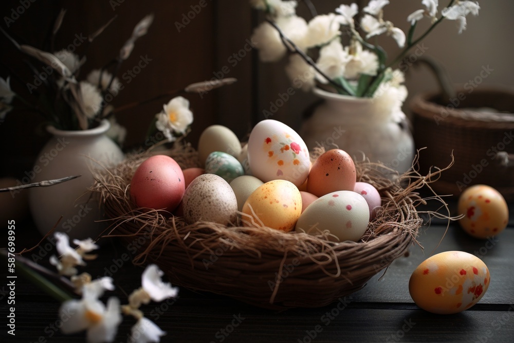 Holiday Easter eggs on the table. Generative AI. Holiday Easter eggs on the table. Generative AI.