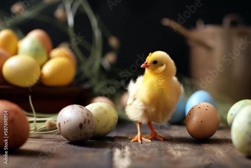 Easter little chicken  and eggs. Generative AI. © MikiKreate