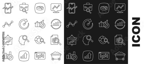Set line Coal mine trolley, Document with graph chart, Graph infographic, Pie, Digital speed meter, Mobile stock trading and Financial growth icon. Vector