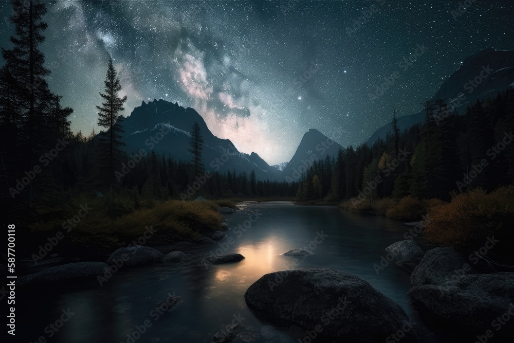 serene river flowing under a starry night sky. Generative AI