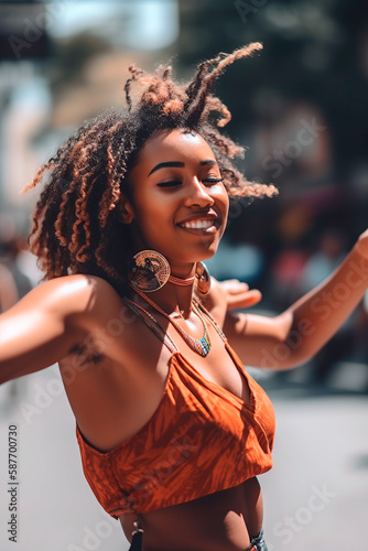African-American woman dancing and jumping happily in the street. generated with AI