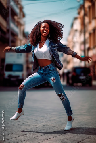 young African-American woman dancing and jumping happily in the street. generated with AI