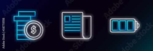 Set line Battery charge level indicator, Coin money with dollar symbol and File document icon. Glowing neon. Vector