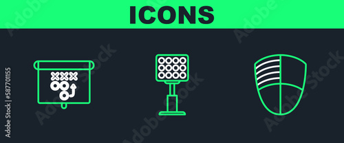Set line Football club logo template, Planning strategy concept and Bright stadium lights icon. Vector