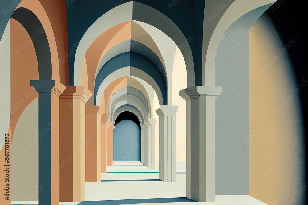 Abstract romanesque architecture arcade arch hallway (Generative AI)