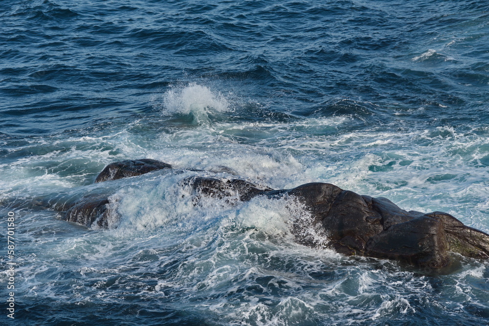Naklejka premium Russia. Far East, Kuril Islands. A small island of volcanic origin washed on all sides by the waves of the Sea of Okhotsk, which are broken by thousands of splashes.