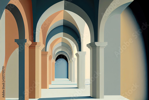Abstract romanesque architecture arcade arch hallway (Generative AI) photo