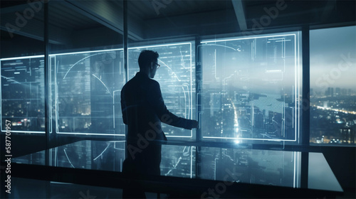 Businessman / woman working on futuristic screen for a technology Company inside office generative art 