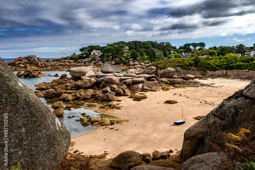 Sandy Beach And Pink Granit Boulders At The Atlantic Coast Of Ploumanach In Brittany, France © grafxart