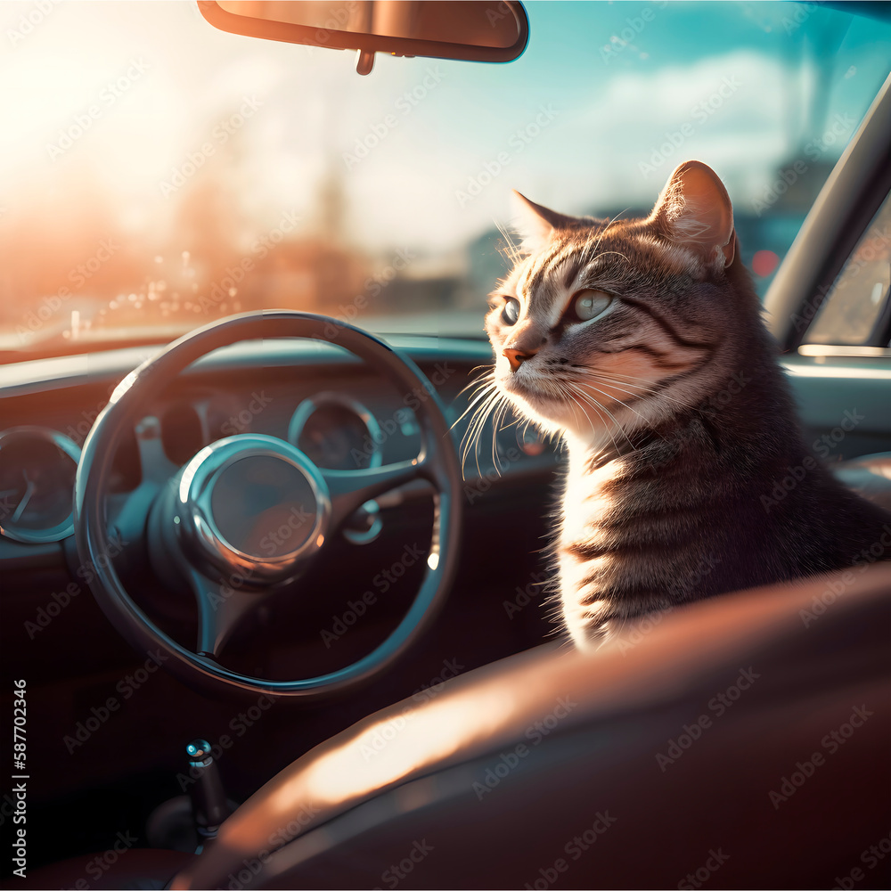 Cat looks out of the car created with Generative AI technology.