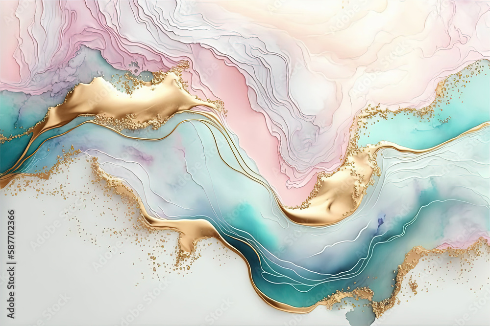Fototapeta premium Abstract acohol ink art pastel colorful and gold background. Luxury backdrop. Ai generated..