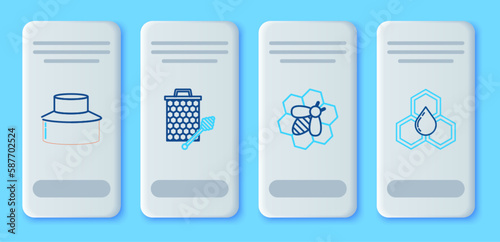 Set line Honeycomb with honey dipper stickicon, Bee and honeycomb, Beekeeper protect hat and icon. Vector