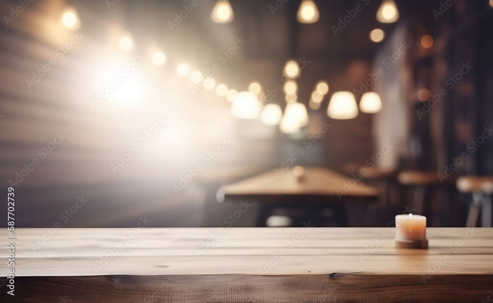 Product Display on Empty Cafe Table with Bokeh Effect. Restaurant Table with Blurred Background