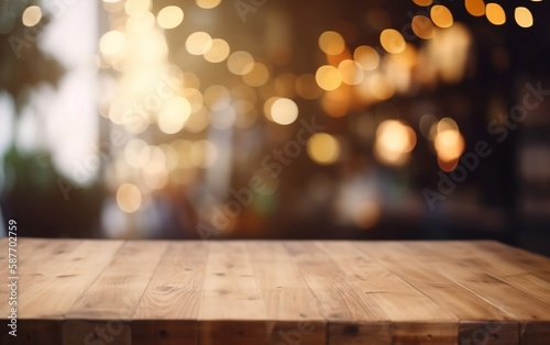 Product Display on Empty Cafe Table with Bokeh Effect. Restaurant Table with Blurred Background © Thares2020
