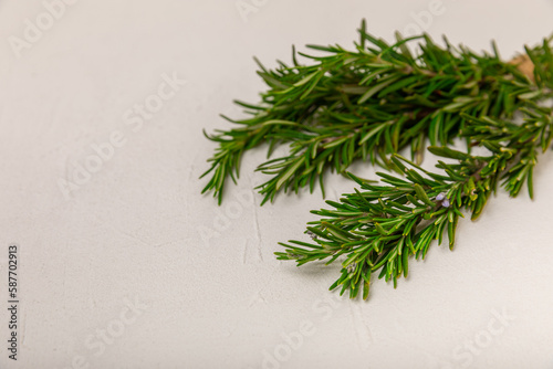 Fototapeta Naklejka Na Ścianę i Meble -  Rosemary on a white textured wooden background. Fresh spice herbs. Seasoning for meat and fish. Recipe. Organic bouquet of fresh rosemary on the table. Place for text. Place to copy.