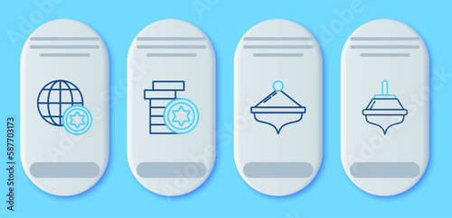 Set line Jewish coin, Hanukkah dreidel, World Globe and Israel and icon. Vector