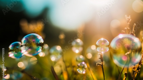 Beautiful soap bubbles on green meadow. Colorful bokeh background. Macro photo of water drops with bokeh background. Created using Generative AI technology. © Grycaj