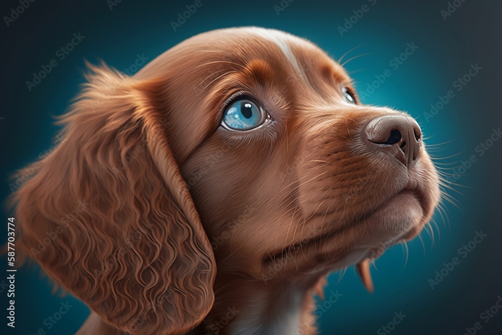 Close-up adorable baby dog Labrador portrait isolated on blue background.