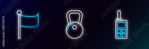 Set line Walkie talkie, Flag and Kettlebell icon. Glowing neon. Vector