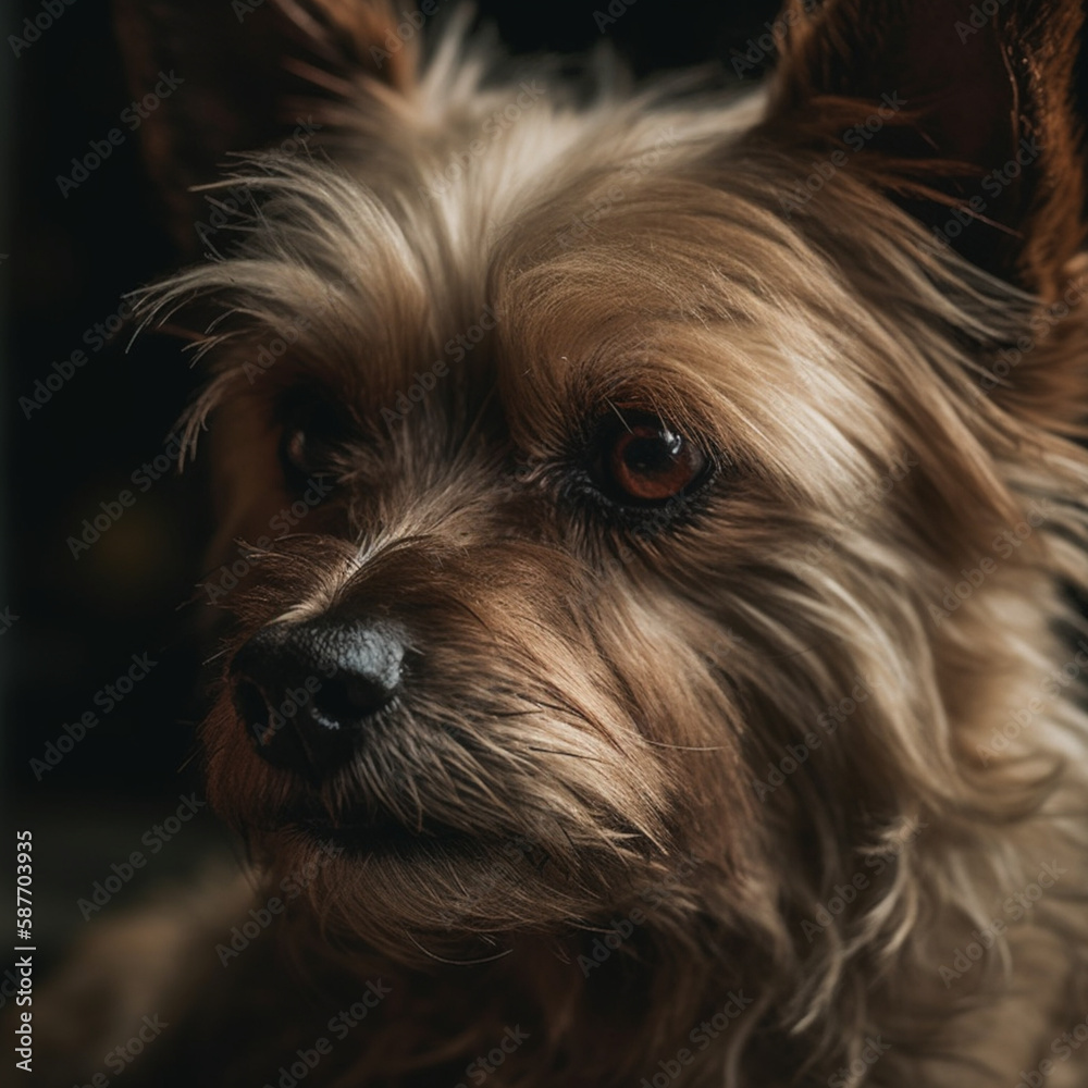 A dog with soft fur and bright eyes stands at eye level in a natural studio setting with a brick background, Created with generative Ai Technology.