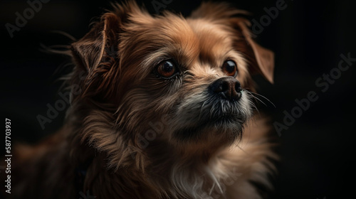 A dog with soft fur and bright eyes stands at eye level in a natural studio setting with a brick background, Created with generative Ai Technology.