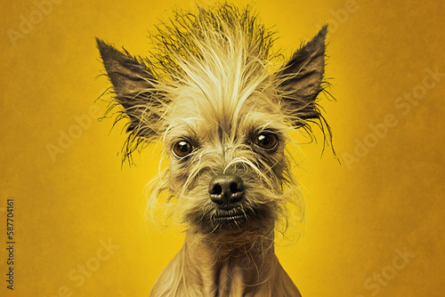 Ugly dog on yellow background