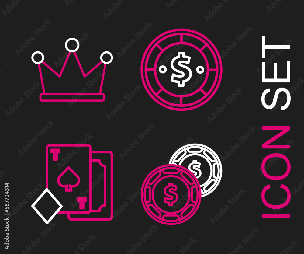 Set line Casino chip with dollar, Playing card spades, and Crown icon. Vector